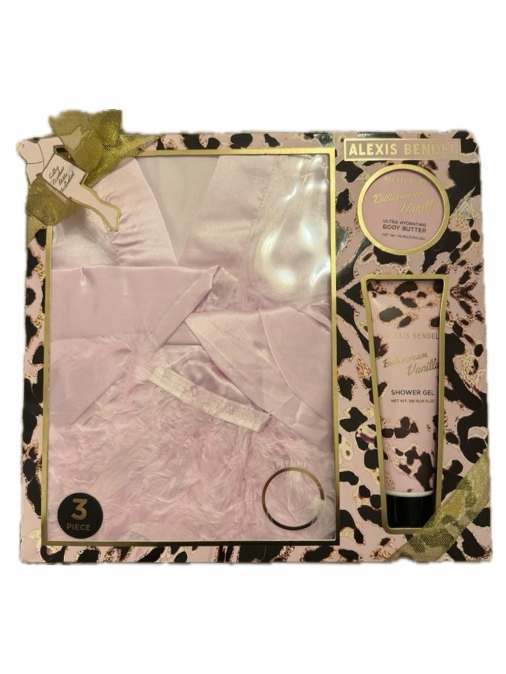 ALEXIS BENDEL 3 PIECE GIFT SET PINK SILK FEATHER ROBE VANILLA GEL & LOTION NWT